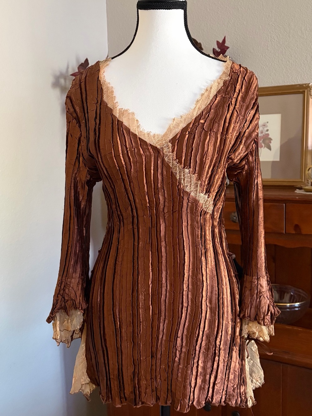 Komarov Brown Top with Gold Lace Trim